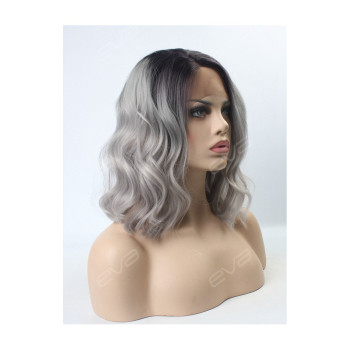 Peruca din par natural short ombre, Saten foarte inchis/blond grey - ondulata