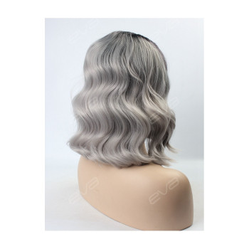 Peruca din par natural short ombre, Saten foarte inchis/blond grey - ondulata